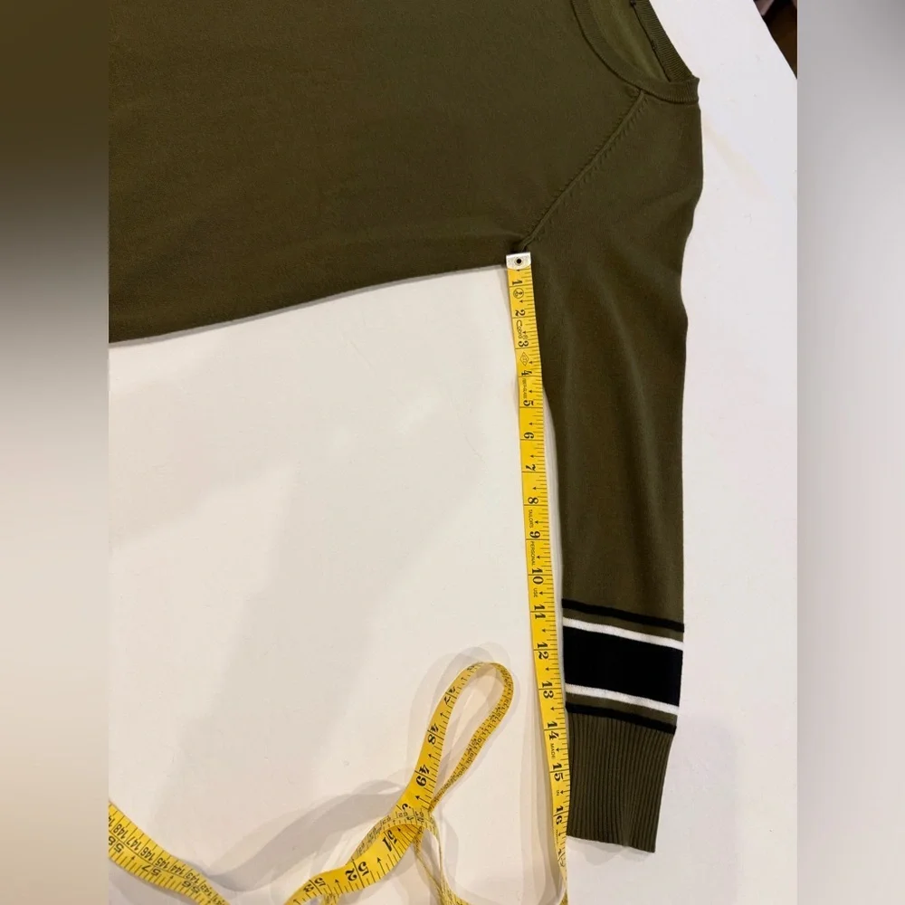 Sweater Olive Green Lightweight Knit Striped Cuff Crewneck Casual Cozy Pullover - Picture 6 of 8